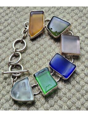 Sterling Silver 925 6 Multicolor Cobalt Green Sea Glass Toggle Bracelet Vintage